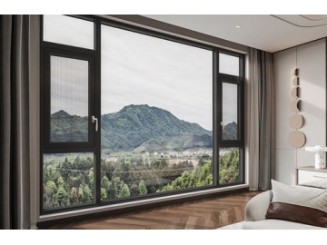 Ventana basculante y giratoria de aluminio con mosquitera, apertura hacia adentro, GD115A